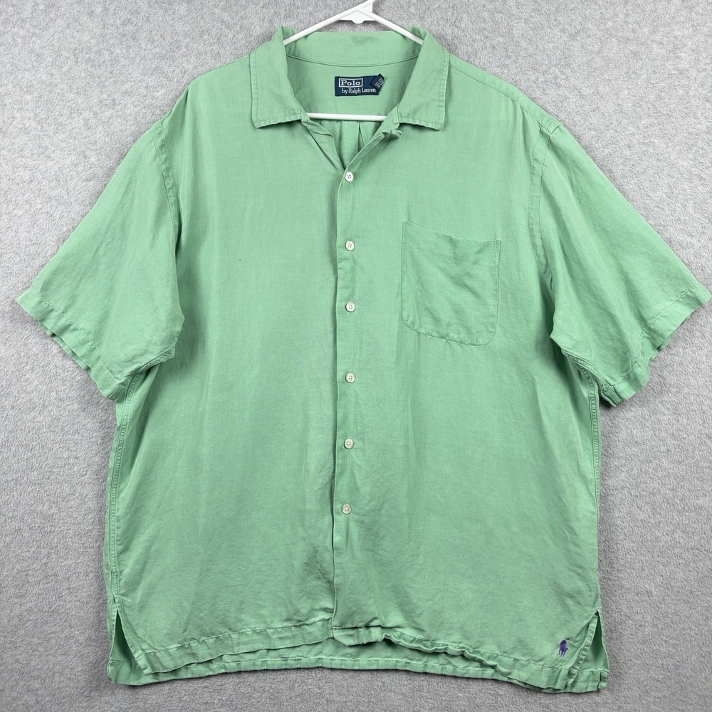 Polo Ralph Lauren Shirt Mens XL Green Linen Silk Camp Loop Collar Purple Pony